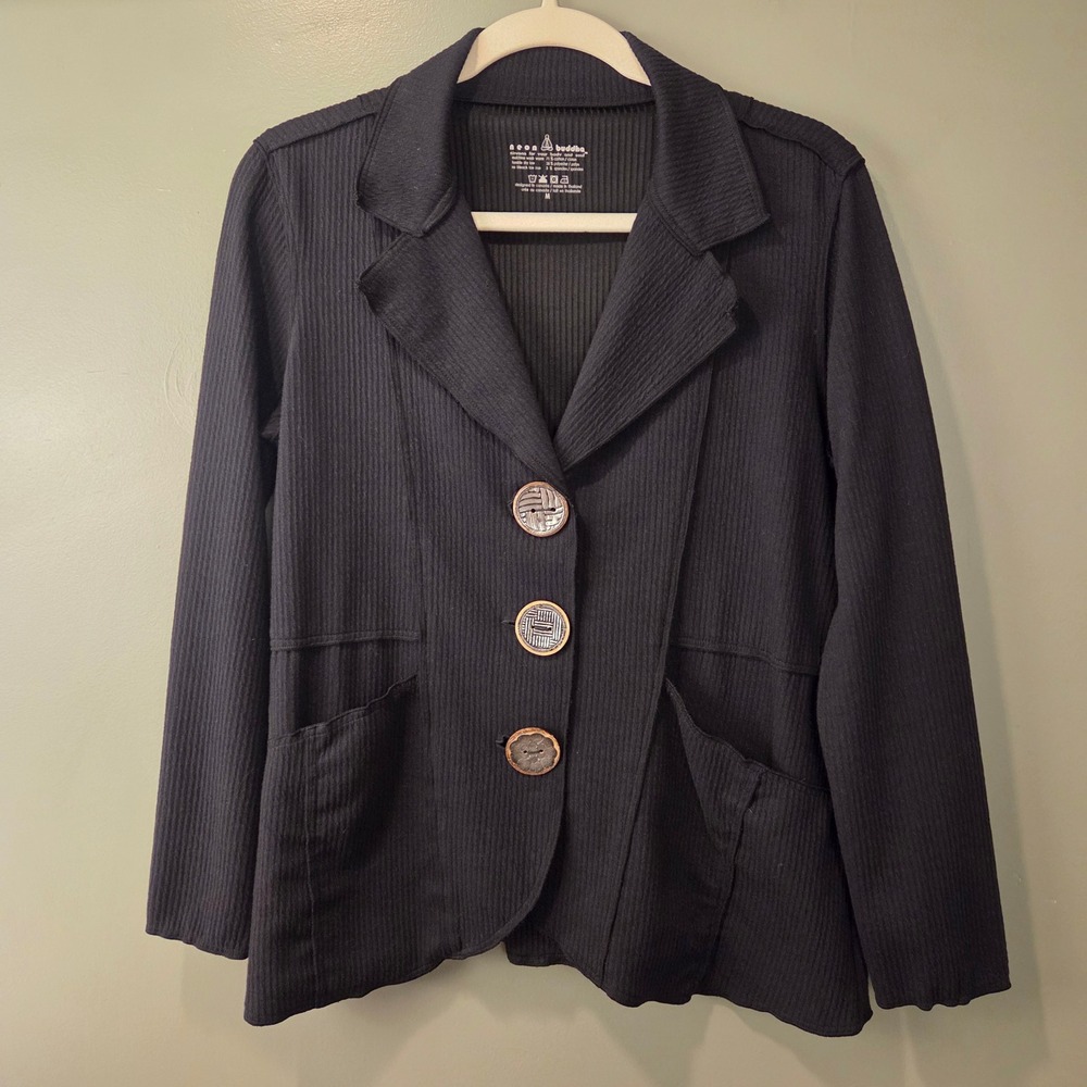 Neon Buddha Women's Ribbed Knit Blazer Jacket Black Size M Artsy Boho Chic